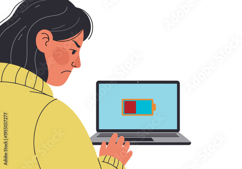 Frustrated woman stares at a laptop displaying a dead battery icon. Illustrative style, conveying tech frustration. Modern, muted color palette.