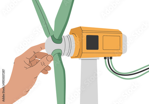 A hand assembles a wind turbine model, showcasing a detailed component. Bright colors and clean lines highlight the engineering process. Ideal for educational or technical visuals.