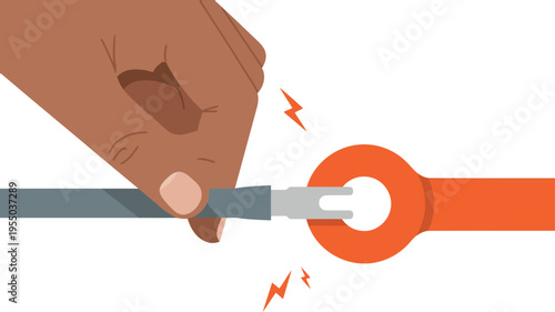 A hand connects a battery power circuit, sparks flying. Illustrative detail showcasing electrical connections. Modern, graphic style.