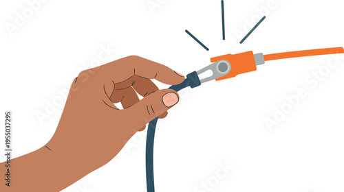 A hand connects a battery power circuit with sparks. Clean, detailed illustration. Modern, bright, technical. Ideal for energy, electronics, and power concepts.