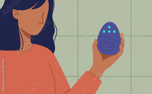 A young woman holds a haptic meditation pebble, relaxing with a serene expression. The design features a soft, modern aesthetic and calming colors. Perfect for wellness and mindfulness content.