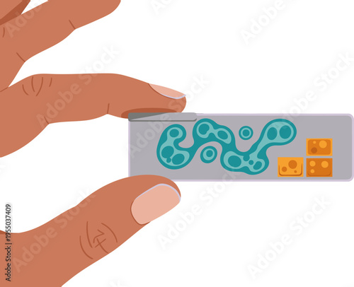 Hands hold a microscope slide displaying cell study. Purple background, orange cells, clear focus. Scientific illustration, educational.