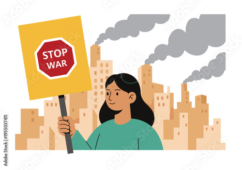 A young woman holds a 'Stop War' sign against a backdrop of industrial smoke and city buildings, promoting peace and environmental awareness. A hopeful image.