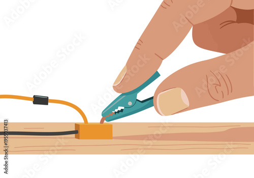 A hand uses a multimeter to test a circuit board with charcoal. Detailed circuit board project illustration. Focus on electrical connection.