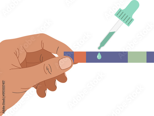 A hand uses a pH test strip to measure acidity. The test strip displays a positive result. Clean, bright studio setting. Focus on scientific analysis.