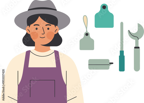 A smiling woman in a hat and apron showcases sustainable cattle tagging technology.  Modern illustration with tech elements.  Bright, clean design.