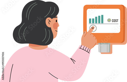 A smiling young woman interacts with a smart meter display, showcasing energy saving features. Bright, modern illustration promoting sustainable living and cost reduction.