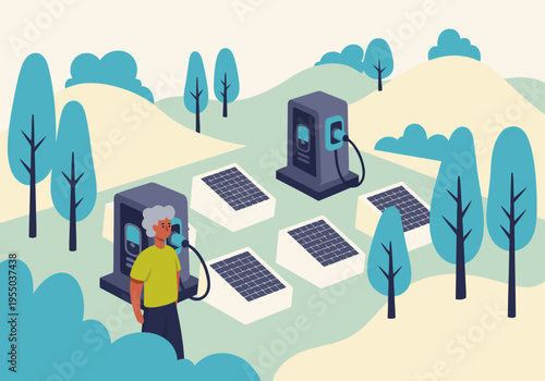 A man charges his electric vehicle at a solar-powered charging station amidst a natural landscape.  Clean, modern design, promoting sustainable energy.