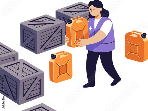 A humanitarian aid worker carries fuel canisters, assisting during a fuel crisis.  Illustrative, vibrant, and impactful. Suitable for commercial use.