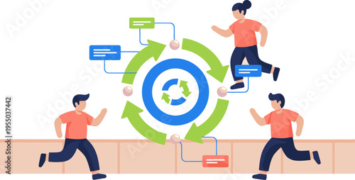 Illustrates a beta feedback loop with people contributing to a central target. Dynamic arrows show continuous improvement. Modern, flat design for commercial use.