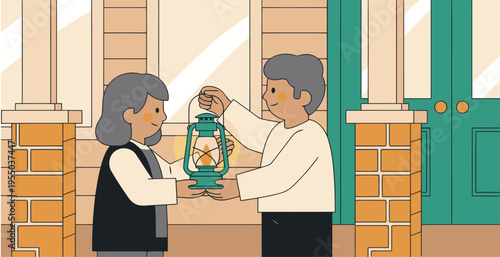 Kind neighbors assist each other with a lantern during a power outage. Warm, supportive scene with a focus on community and helpfulness.  Illustrative style.
