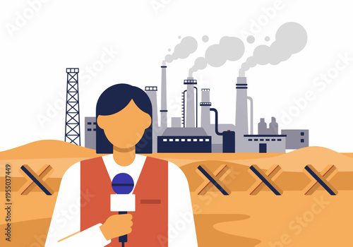 A journalist interviews near an industrial oil field, highlighting conflict and environmental concerns. A clear composition with a foreground subject and industrial backdrop.