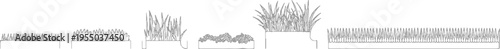 Collection of stylized grey grass and bush in simple outlines plant vegetation nature
