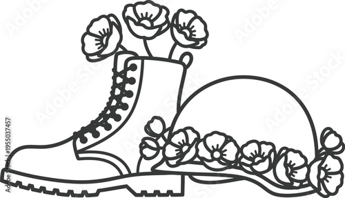 Memorial day tribute boots and flowers honoring fallen heroes