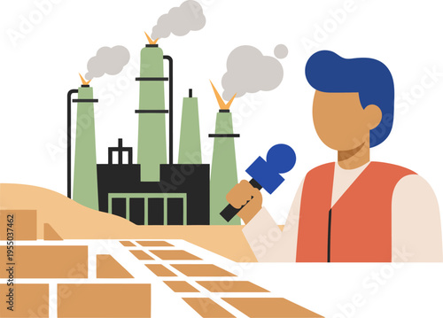 A journalist interviews workers amidst an oil field conflict, capturing a tense scene with plumes of smoke. Dynamic composition, clear focus on the subject and industrial setting.