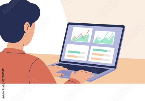 A young man analyzes beta test results on a laptop. Charts display upward trends, suggesting success. Modern, professional setting.