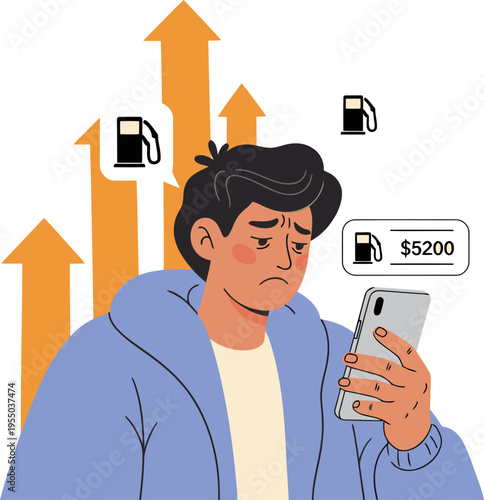 A young man looks stressed while checking a smartphone displaying rising fuel and cost figures. Illustrative style, conveying financial worry.