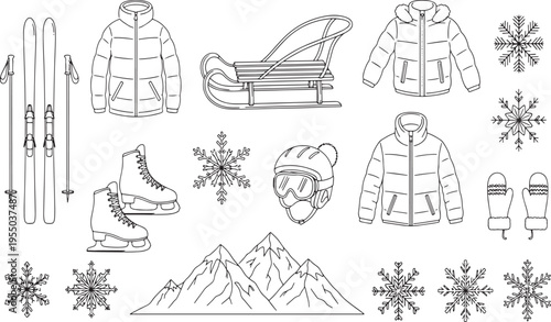 Winter activity gear with skis skates sled and warm clothing for mountain adventure hand drawn vector illustration doodle art