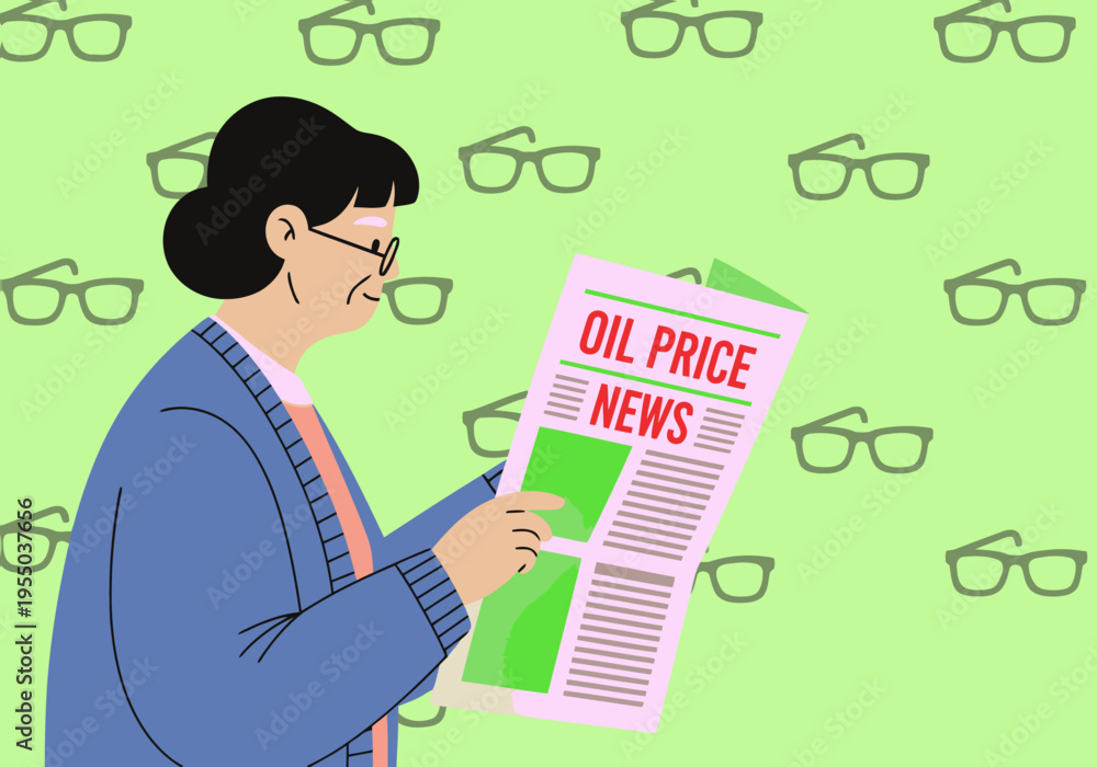 Naklejka premium A senior woman reads oil price news, surrounded by glasses. A modern, illustrative style depicts her focused on the information. Soft colors and a clean composition.
