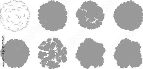 Eight abstract circular shapes varying in texture and detail on a white background circle