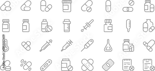 Collection of medical including pills bottles syringes thermometers and bandages