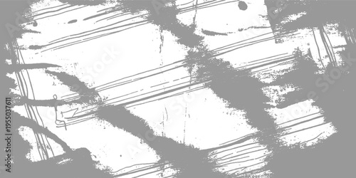 Abstract grey brush strokes and lines overlaying a white textured background with a faint stick figure