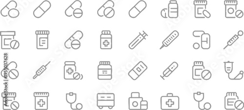 Collection of medical including pills bottles syringes stethoscopes and first aid kits healthcare
