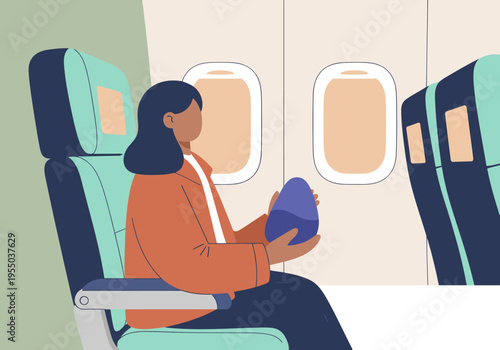 A woman relaxes on a plane, holding a calming pebble.  Modern illustration style, promoting travel wellness. Clean, soft colors and a focus on comfort.