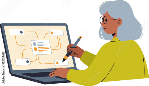 A researcher analyzes cattle movement data on a laptop, using a stylus. A modern, clean graphic displays the data. Professional, focused, and informative.