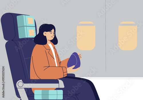 A woman relaxes on a plane, using a haptic pebble for wellness. Modern travel scene with a focus on comfort and well-being. Clean, bright aesthetic.