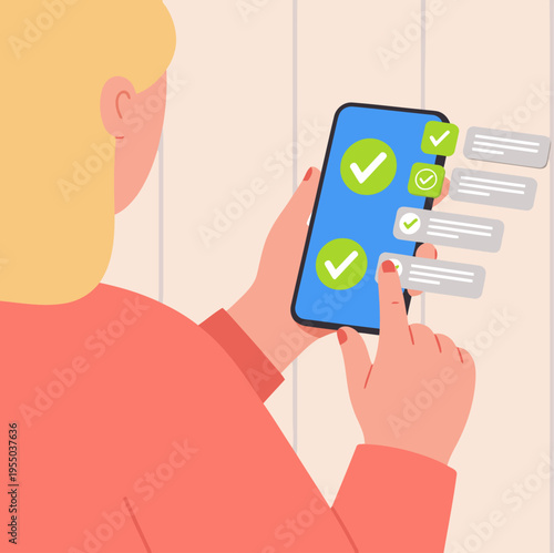 A woman reviews beta test feedback on her smartphone. Clean, modern design with a checkmark icon. Bright, inviting background. Perfect for tech and user experience visuals.