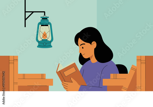 A young woman reads a book by lantern light, surrounded by books. A cozy, studious scene evokes a sense of quiet learning. Perfect for education or lifestyle themes.
