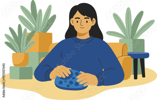 A young woman relaxes with a haptic stress relief device, surrounded by plants. Soft colors and a calming scene evoke well-being and modern wellness.
