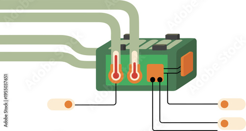 Schematic illustration of a battery cooling system with temperature sensors and airflow. Clean, modern design with muted colors. Ideal for tech or sustainability concepts.
