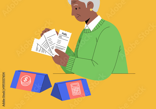 A senior woman carefully reviews energy bills, focused on budgeting. A graphic illustrates cost savings. Clean, modern illustration.