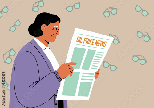 A senior woman reads news about rising oil prices, conveying concern. Eyeglasses and newspaper details a serious moment. Soft pastel background.