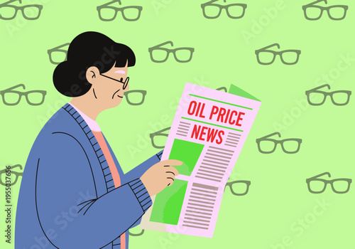 A senior woman reads oil price news, surrounded by glasses. A modern, illustrative style depicts her focused on the information. Soft colors and a clean composition.