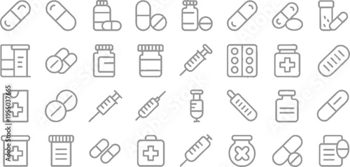 Collection of medical including pills capsules syringes and bottles
