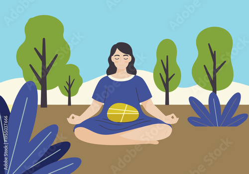 A serene woman meditates outdoors, holding a pebble. This haptic pebble illustration promotes mindfulness and relaxation. Soft colors and a peaceful setting create a calming visual.