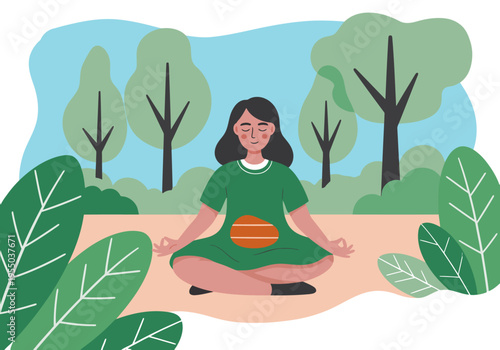 A serene woman meditates outdoors, holding a pebble.  Gentle, calming scene with trees and foliage. Perfect for wellness and mindfulness visuals.