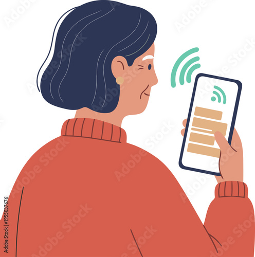 A senior woman struggles with a smartphone displaying a 'Senior Outage' message. Illustrative style, soft colors, conveying digital disconnect. Suitable for tech, aging, and connectivity themes.