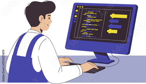 A young male software engineer focuses on code on a monitor. He wears a work apron and is smiling, showcasing a modern tech workspace. Beta Fix displayed.