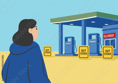 A woman stands dejected before a closed gas station with ?Out of Stock? signs. Illustrates a fuel shortage and economic crisis. Bold colors, clear composition.