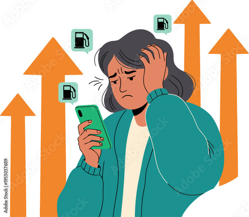 A stressed woman checks her phone, overwhelmed by rising fuel and smartphone costs. Arrows indicate price increases, conveying anxiety and financial worry. Modern illustration style.