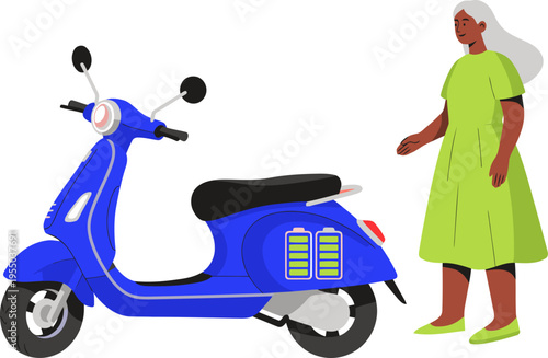 A stylish woman enjoys an eco-friendly commute on an electric scooter. Modern illustration, vibrant colors, perfect for lifestyle and travel themes.