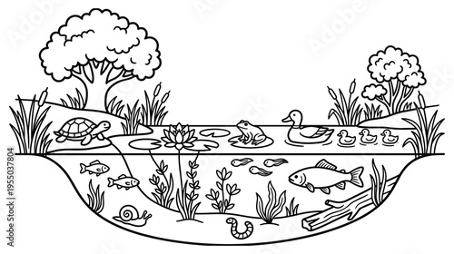 Pond ecosystem coloring page for kids with turtle frog duck and fish