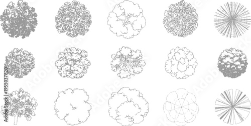 Collection of fifteen stylized down tree in various grey tones and line styles view