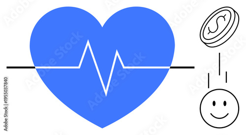 Health and wealth concept. Blue heart with heartbeat line, financial icons, and happy face the connection between physical wellness, financial stability, and positivity. For finance, wellness