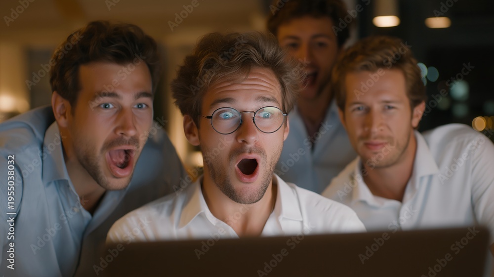 Fototapeta premium Product launch countdown, team gathered around laptop watching first sale notification arrive, genuine shock and celebration, cramped office space, ideal for startup milestone and modern