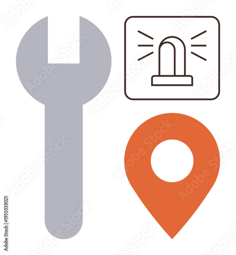 Maintenance services, navigation tools, system alerts, notification icons, location tracking, repair solutions. Wrench, alarm icon and location marker on a white background. Maintenance services